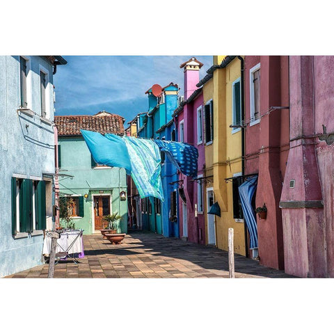 Burano Wash Day Black Modern Wood Framed Art Print with Double Matting by Head, Danny