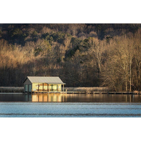 Boathouse Reflections Gold Ornate Wood Framed Art Print with Double Matting by Head, Danny