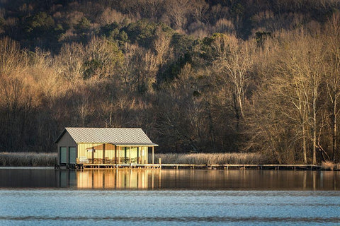 Boathouse Reflections White Modern Wood Framed Art Print with Double Matting by Head, Danny