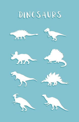 Dinosaurs Cyan White Modern Wood Framed Art Print with Double Matting by Aesthete