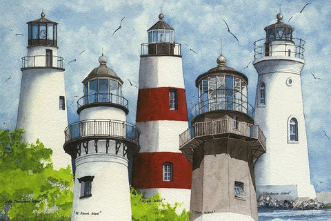 All Five Georgia Lighthouses White Modern Wood Framed Art Print with Double Matting by Rizzo, Gene