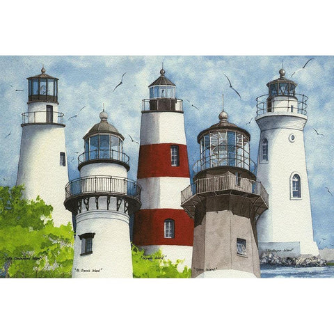 All Five Georgia Lighthouses White Modern Wood Framed Art Print by Rizzo, Gene