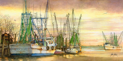 Shrimpers Delight Black Ornate Wood Framed Art Print with Double Matting by Rizzo, Gene