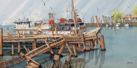 Fishermen Dock Black Ornate Wood Framed Art Print with Double Matting by Rizzo, Gene