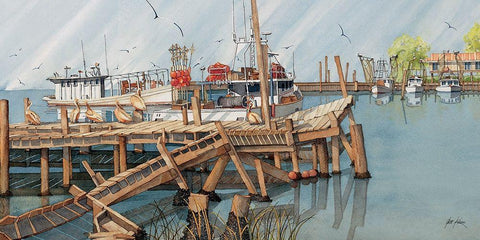 Fishermen Dock White Modern Wood Framed Art Print with Double Matting by Rizzo, Gene