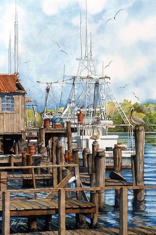 The Wharf White Modern Wood Framed Art Print with Double Matting by Rizzo, Gene