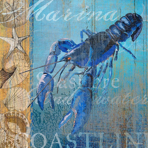 Lobster and Sea Black Modern Wood Framed Art Print with Double Matting by Art Licensing Studio