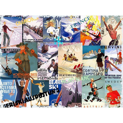 Ski Vacation Collage Black Modern Wood Framed Art Print with Double Matting by Art Licensing Studio