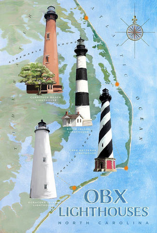 OBX Lighthouses White Modern Wood Framed Art Print with Double Matting by Art Licensing Studio