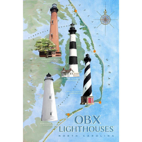 OBX Lighthouses Gold Ornate Wood Framed Art Print with Double Matting by Art Licensing Studio