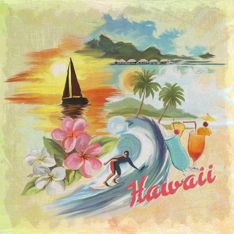 Hawaii Paradise Pattern Black Modern Wood Framed Art Print with Double Matting by Art Licensing Studio