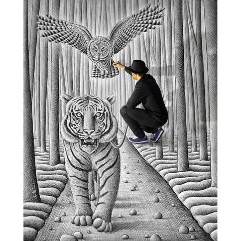 Pencil Vs Camera 74 - Making of Owl and Tiger Black Modern Wood Framed Art Print with Double Matting by Heine, Ben