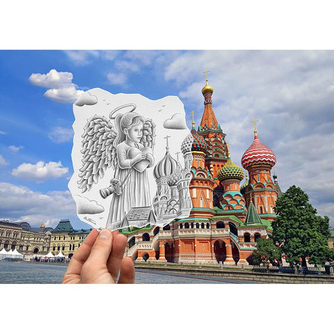 Pencil Vs Camera - Angel at St Basil Cathedral Black Modern Wood Framed Art Print with Double Matting by Heine, Ben