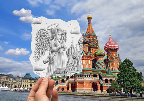 Pencil Vs Camera - Angel at St Basil Cathedral Black Ornate Wood Framed Art Print with Double Matting by Heine, Ben