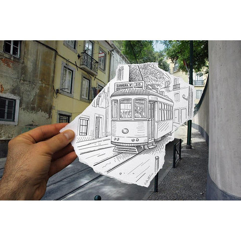 Pencil Vs Camera 4 - Lisbon Tram Black Modern Wood Framed Art Print with Double Matting by Heine, Ben