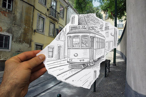 Pencil Vs Camera 4 - Lisbon Tram Black Ornate Wood Framed Art Print with Double Matting by Heine, Ben