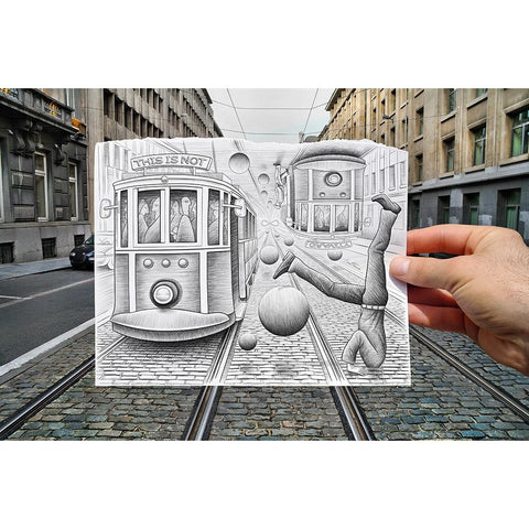 Pencil Vs Camera 35 - City Tram Black Modern Wood Framed Art Print with Double Matting by Heine, Ben