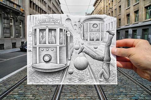 Pencil Vs Camera 35 - City Tram Black Ornate Wood Framed Art Print with Double Matting by Heine, Ben