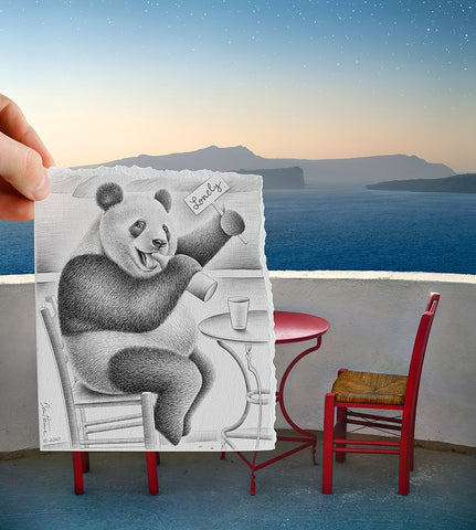 Pencil Vs Camera 41 - Lovely Panda Black Ornate Wood Framed Art Print with Double Matting by Heine, Ben