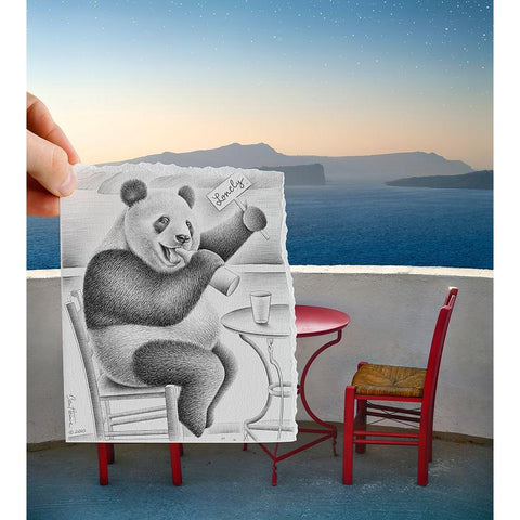 Pencil Vs Camera 41 - Lovely Panda Black Modern Wood Framed Art Print with Double Matting by Heine, Ben