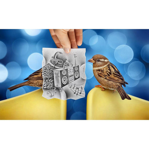 Pencil Vs Camera 66 - Singing Birds Gold Ornate Wood Framed Art Print with Double Matting by Heine, Ben