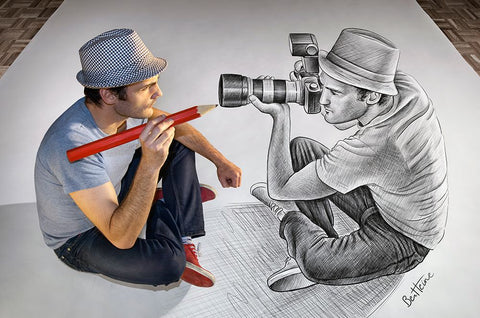 Pencil Vs Camera 73 - Photographer and Illustrator Black Ornate Wood Framed Art Print with Double Matting by Heine, Ben