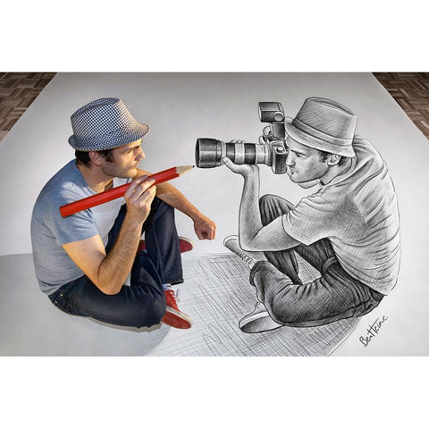 Pencil Vs Camera 73 - Photographer and Illustrator Black Modern Wood Framed Art Print with Double Matting by Heine, Ben