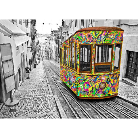 Lisbon Tram Revisited - Colorful Black Modern Wood Framed Art Print with Double Matting by Heine, Ben