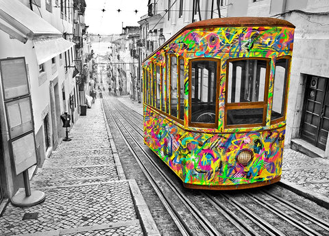 Lisbon Tram Revisited - Colorful White Modern Wood Framed Art Print with Double Matting by Heine, Ben