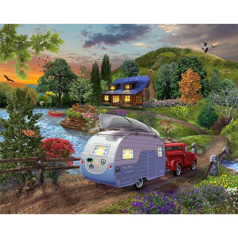 Campers Coming Home Black Modern Wood Framed Art Print with Double Matting by Bigelow Illustrations- Exclusive