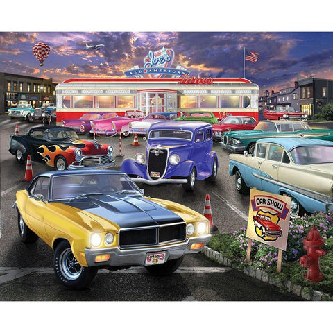 Diner Car Show White Modern Wood Framed Art Print by Bigelow Illustrations- Exclusive