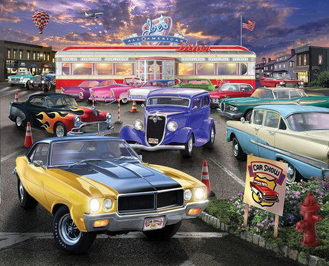 Diner Car Show White Modern Wood Framed Art Print with Double Matting by Bigelow Illustrations- Exclusive