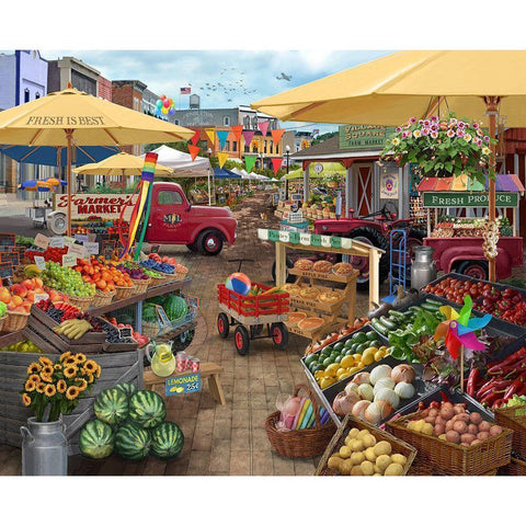 Farmers Market Day White Modern Wood Framed Art Print by Bigelow Illustrations- Exclusive