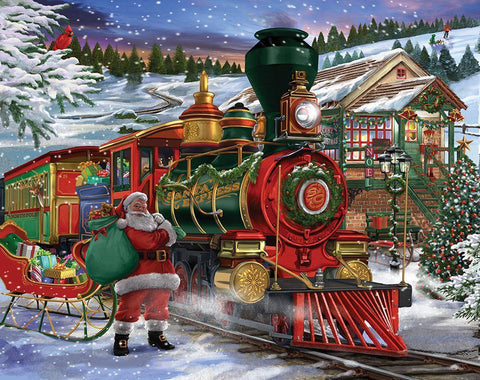 Santa Express Black Ornate Wood Framed Art Print with Double Matting by Bigelow Illustrations- Exclusive