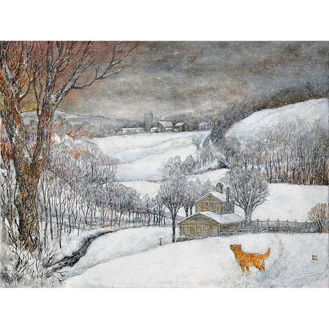 Daisyâ€™s First Snow Black Modern Wood Framed Art Print with Double Matting by Bell, Bill