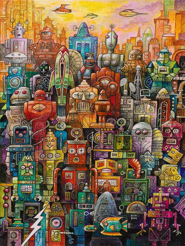 Robo Dootles White Modern Wood Framed Art Print with Double Matting by Bell, Bill