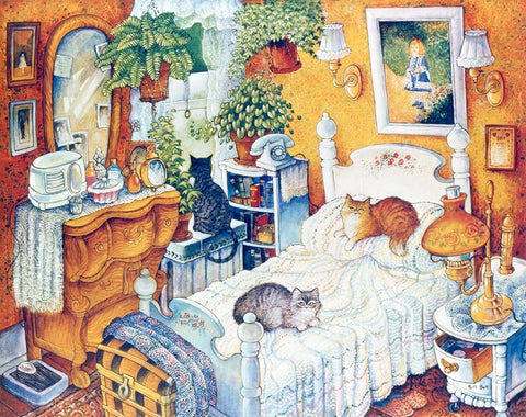 Bedroom Cats Black Ornate Wood Framed Art Print with Double Matting by Bell, Bill