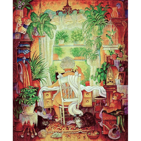 The Sewing Lady 2 White Modern Wood Framed Art Print by Bell, Bill