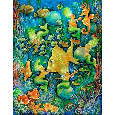 Mermaids and Gold Fish Gold Ornate Wood Framed Art Print with Double Matting by Bell, Bill