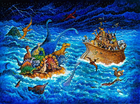 Noah And The Dinosaurs Black Ornate Wood Framed Art Print with Double Matting by Bell, Bill