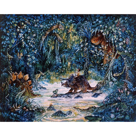Dinosaur Hunter White Modern Wood Framed Art Print by Bell, Bill