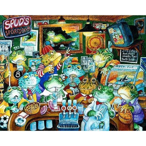 Spuds Sportsbar White Modern Wood Framed Art Print by Bell, Bill