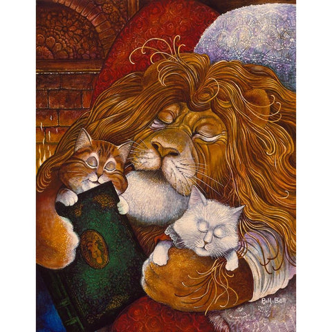 Sleeping Lion Gold Ornate Wood Framed Art Print with Double Matting by Bell, Bill