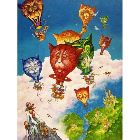 Cat Balloons Gold Ornate Wood Framed Art Print with Double Matting by Bell, Bill