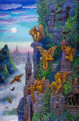 Gargoyles Twilight Black Ornate Wood Framed Art Print with Double Matting by Bell, Bill