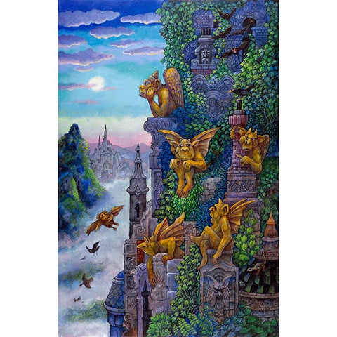 Gargoyles Twilight Black Modern Wood Framed Art Print by Bell, Bill