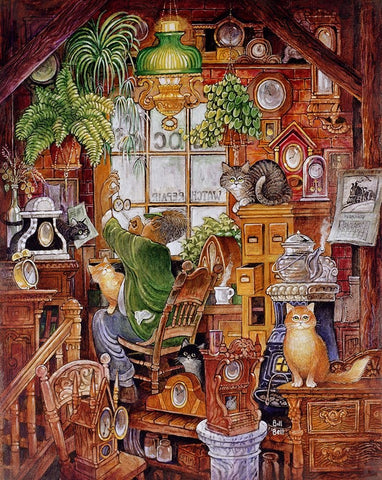 Clock Man 2 Black Ornate Wood Framed Art Print with Double Matting by Bell, Bill