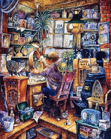 Radio Repairman White Modern Wood Framed Art Print with Double Matting by Bell, Bill