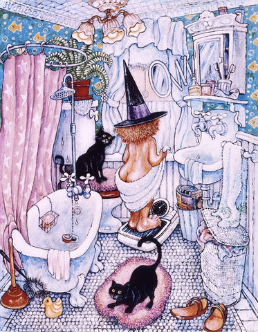 Witch Weighs Up Black Ornate Wood Framed Art Print with Double Matting by Bell, Bill