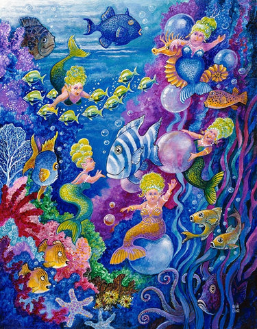 Little Little Mermaid Black Ornate Wood Framed Art Print with Double Matting by Bell, Bill